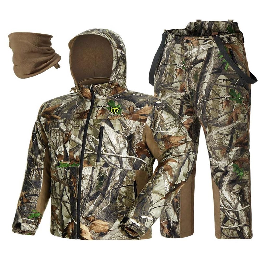 TIDEWE Hunting Clothes for Men with Face Mask, Silent Waterproof Hunting Jacket and Adjustable Bibs, Insulated-Lined, Safety Strap Compatible (Next Camo G2 Size M)