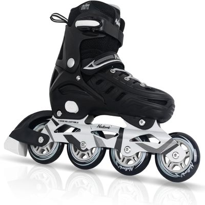 Black Inline Skates for Youth Boys Men, 4 Sizes Adjustable Blades Roller Skates with Ankle Support, Adjustable Strap, 90mm Wheels and Soft Boot Fit for Skating, Roller Derby, Street Hockey