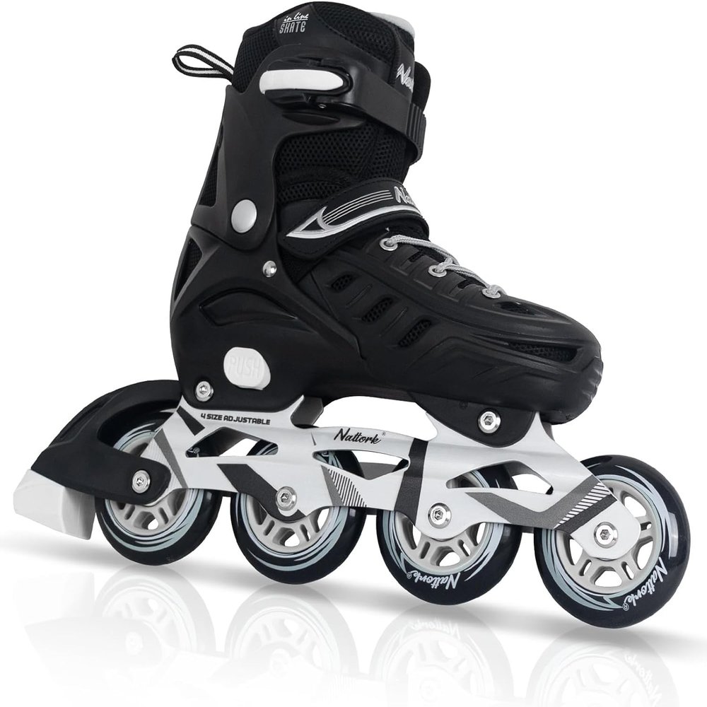 Black Inline Skates for Youth Boys Men, 4 Sizes Adjustable Blades Roller Skates with Ankle Support, Adjustable Strap, 90mm Wheels and Soft Boot Fit for Skating, Roller Derby, Street Hockey