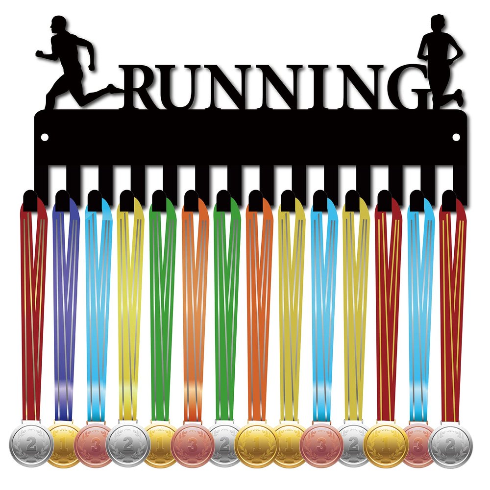 CREATCABIN Running Medal Hanger Display Medal Holder Rack Sports Metal Hanging Awards Iron Small Mount Decor with 14 Hooks for Wall Home Badge Race Running Gymnastics Swimming Black 11.4 x 5 Inch