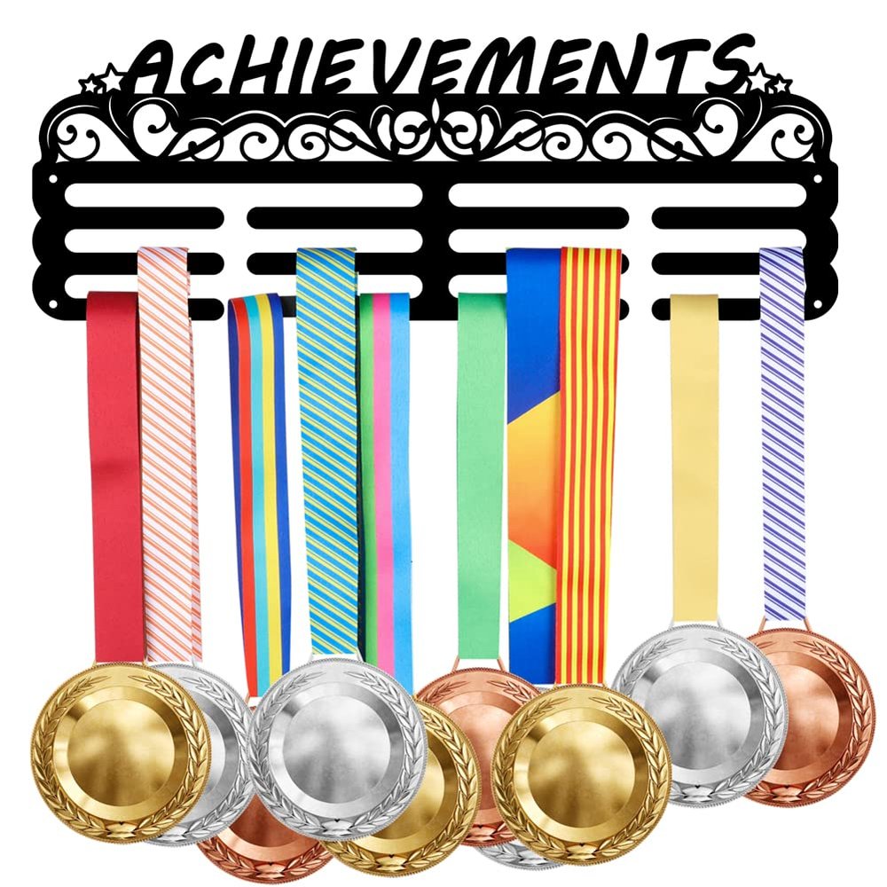 SUPERDANT Achievements Text Medal Hanger Display Hollow Pentagram Medal Display Holder with 12 Lines Sturdy Steel Award Display Holders Wall Mounted Medal Display Racks for Ribbon Lanyard