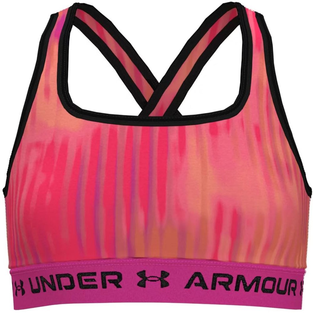 Under Armour Girl's Cross-Back Mid Printed (Big Kids) Bubble Peach/Black SM (8 Big Kid)
