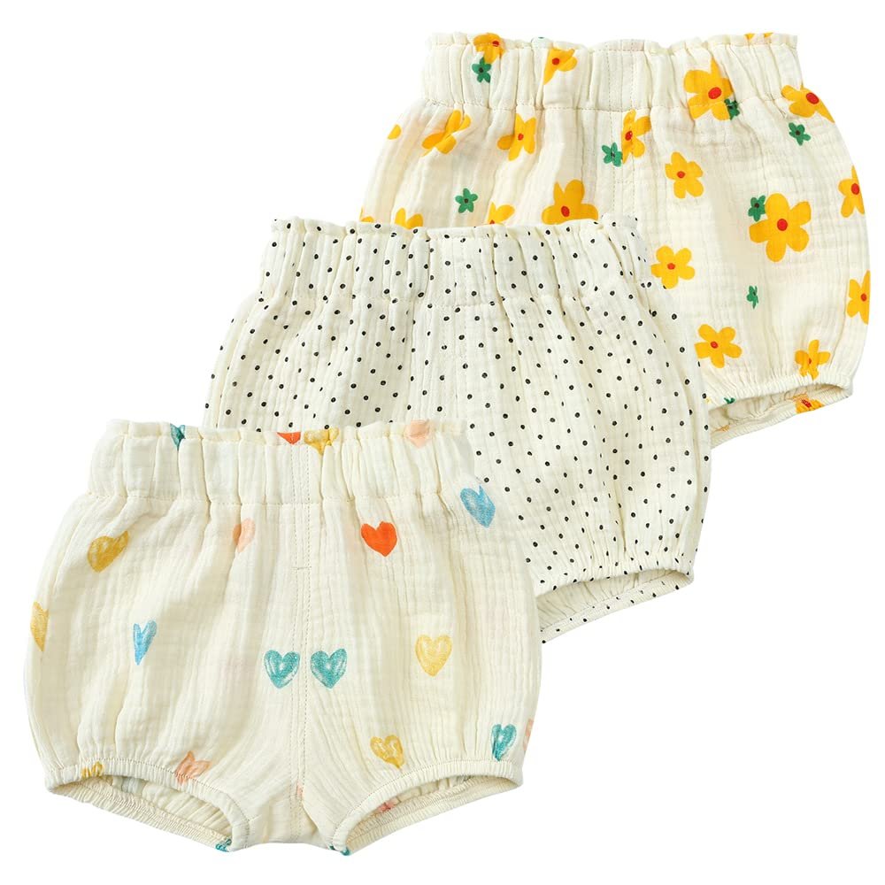 ZFTTZYMX Toddler Girls Boys 3 Pack Cotton Linen Shorts Elastic Waist Baby Kids Cute Floral Printed Short Bloomers Bottoms