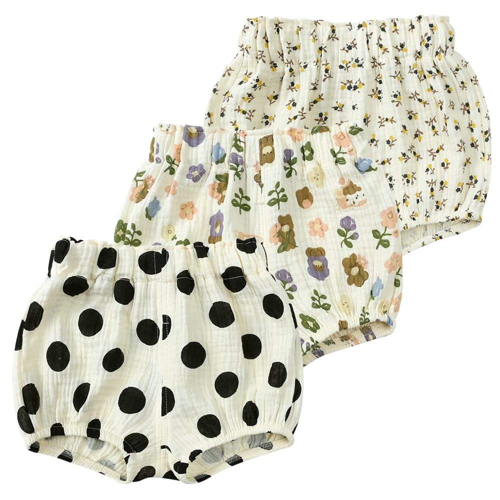 ZFTTZYMX Toddler Girls Boys 3 Pack Cotton Linen Shorts Elastic Waist Baby Kids Cute Floral Printed Short Bloomers Bottoms