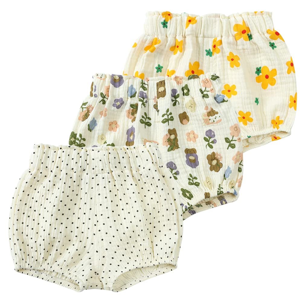 ZFTTZYMX Toddler Girls Boys 3 Pack Cotton Linen Shorts Elastic Waist Baby Kids Cute Floral Printed Short Bloomers Bottoms