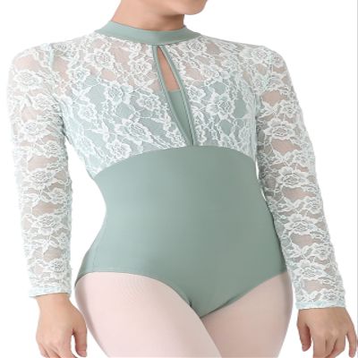 Dance Elite - Femm - Floral Lace Yoke shoulder and sleeve Dance leotard. Leotards for Women Ballet and Dance (Sage Green, Adult L)