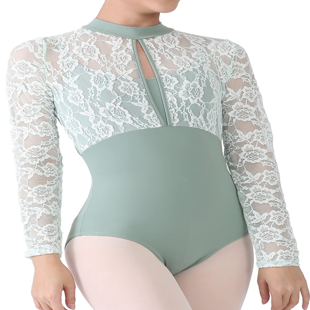 Dance Elite - Femm - Floral Lace Yoke shoulder and sleeve Dance leotard. Leotards for Women Ballet and Dance (Sage Green, Adult L)