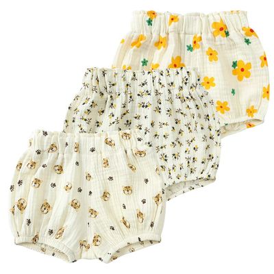 ZFTTZYMX Toddler Girls Boys 3 Pack Cotton Linen Shorts Elastic Waist Baby Kids Cute Floral Printed Short Bloomers Bottoms