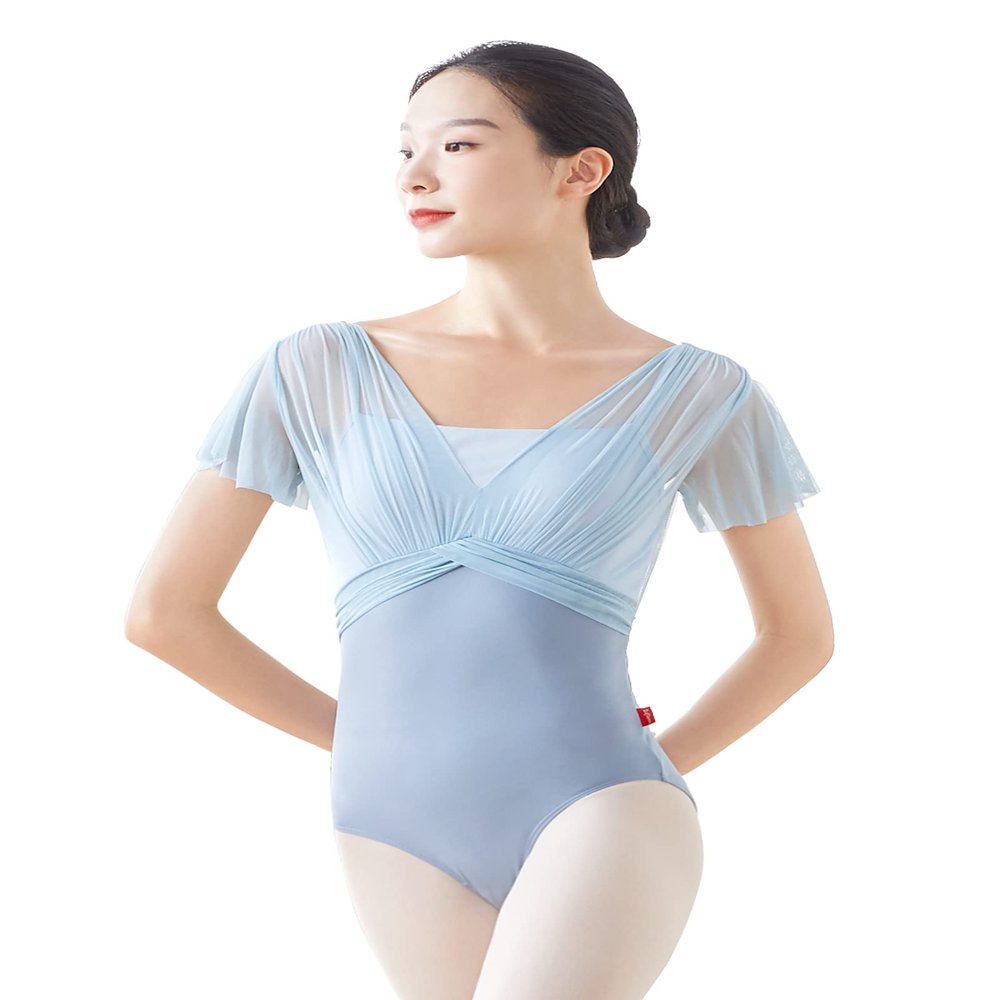 Phoeswan Ballet Leotards for Women, Dance Leotard Mesh with Ruffled Sleeves, V Backless Adult Leotard Bodysuit with Adjustable Straps, Light Grey Size X-Large