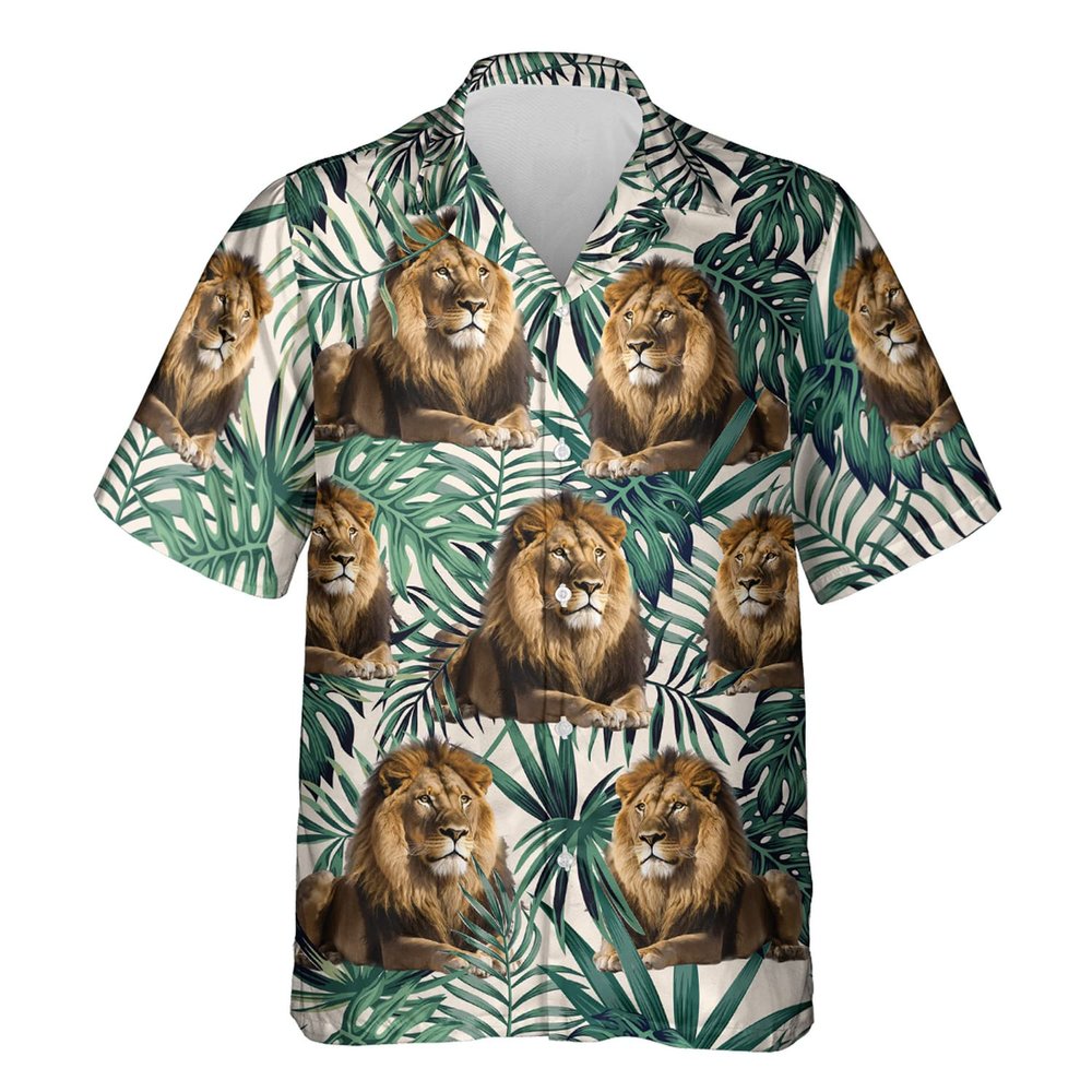Lion Lying Hawaiian Shirt for Mens - Tropical Leaf Summer Shirt, Button Down Shirt Short Sleeve (MP_Lion_17) Size 3XL