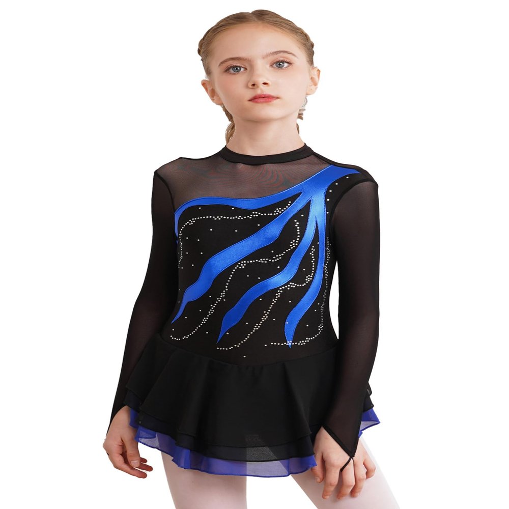 iiniim Girls Kids Shiny Long Sleeve Figure Ice Skating Dress Ballerina Leotards Lyrical Ballet Dance Dress Royal Blue 6 Years