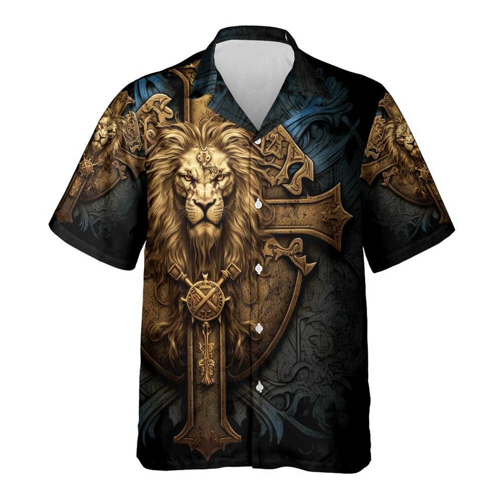 Lion Christian Hawaiian Shirt for Mens - Lion Viking Summer Shirt, Button Down Shirt Short Sleeve (MP_Lion_14) Size M