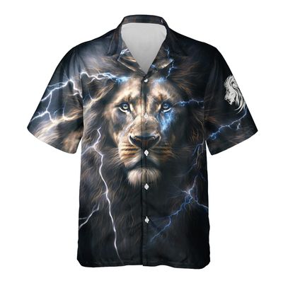 Lion Thunder Hawaiian Shirt for Mens - Lion Storm Summer Shirt, Button Down Shirt Short Sleeve (MP_Lion_13) Size 2XL