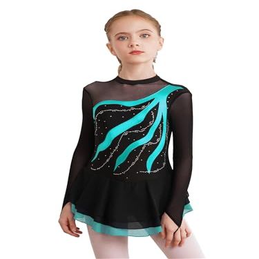 iiniim Girls Kids Shiny Long Sleeve Figure Ice Skating Dress Ballerina Leotards Lyrical Ballet Dance Dress Lake Green 16 Years