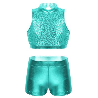 Yruioon Girls Sequins Dance Outfit 2 Piece Cutout Back Crop Top with Booty Shorts for Gymnastics/Dance/Workout Turquoise 12 Years