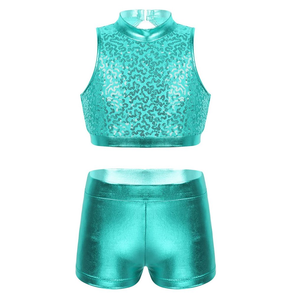 Yruioon Girls Sequins Dance Outfit 2 Piece Cutout Back Crop Top with Booty Shorts for Gymnastics/Dance/Workout Turquoise 12 Years