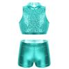 Yruioon Girls Sequins Dance Outfit 2 Piece Cutout Back Crop Top with Booty Shorts for Gymnastics/Dance/Workout Turquoise 12 Years view 1