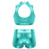 Yruioon Girls Sequins Dance Outfit 2 Piece Cutout Back Crop Top with Booty Shorts for Gymnastics/Dance/Workout Turquoise 12 Years view 2