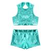 Yruioon Girls Sequins Dance Outfit 2 Piece Cutout Back Crop Top with Booty Shorts for Gymnastics/Dance/Workout Turquoise 12 Years view 3