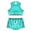 Yruioon Girls Sequins Dance Outfit 2 Piece Cutout Back Crop Top with Booty Shorts for Gymnastics/Dance/Workout Turquoise 12 Years view 4