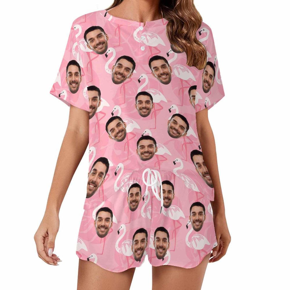 Artsadd Custom Short Pajamas Set With Photo, Women Personalized Lounge Set, Funny Face Printed Sleepwear, Soft Tracksuit Gift(Flamingo,4XL)