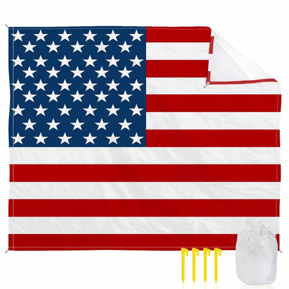 Beach Blanket Waterproof Sandproof Beach Mat,Red Blue White Stars and Stripes Picnic Blankets with Sand Pockets and Stakes,USA Flag Independence Day Outdoor Pad for Seaside,Travel,Camping 118x108In
