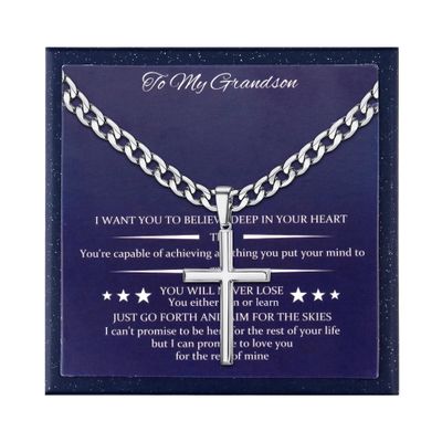 Besteel 925 Sterling Silver Cross Necklace Beveled Edge for Men Women 5mm Stainless Steel Non Tarnish Durable Cuban Link Curb Chain Crucifix Baptism Pendant Necklace Jewelry for Grandson 22IN
