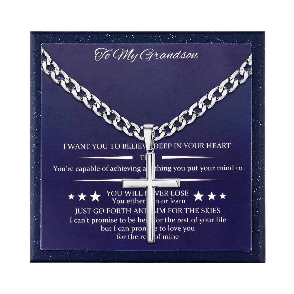 Besteel 925 Sterling Silver Cross Necklace Beveled Edge for Men Women 5mm Stainless Steel Non Tarnish Durable Cuban Link Curb Chain Crucifix Baptism Pendant Necklace Jewelry for Grandson 22IN