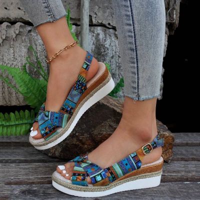 Platform Wedge Sandals for Women Open Toe Ankle Strap Orthopedic Sandals Casual Strappy Low Wedges Sandals Summer Dress 2023 Beach Sandals Dress Shoes Comfortable Outdoor Shoes (Blue-d, 7)