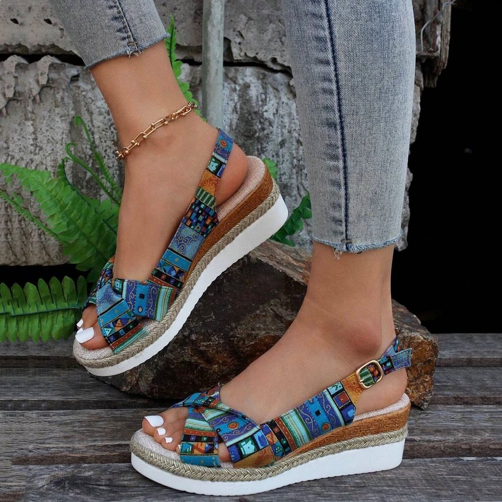Platform Wedge Sandals for Women Open Toe Ankle Strap Orthopedic Sandals Casual Strappy Low Wedges Sandals Summer Dress 2023 Beach Sandals Dress Shoes Comfortable Outdoor Shoes (Blue-d, 7)