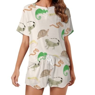 Lizard Turtle Leopard Gecko Reptile Womens Pajama Sets Short Sleeve Shirt and Shorts 2 Pieces Loungewear Sleepwear PJ M