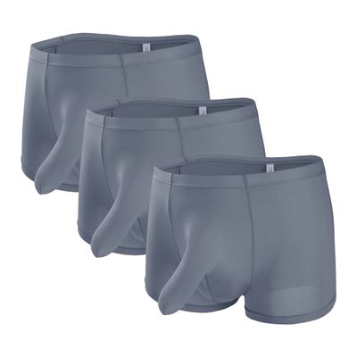 JEsilunmaMY Mens Elephant Nose Ice Silk Underwear Low Waist Long Pouch Boxer Briefs Solid Color Moisture-Wicking Underpants (Grey-3PC,Large)