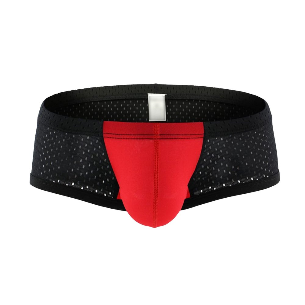 JEsilunmaMY Mens Color Block Mesh Boxer Briefs Low Waist Support Pouch Boxer Underwear Stretch Breathable Hollow Underpants (Red-1PC,Small)
