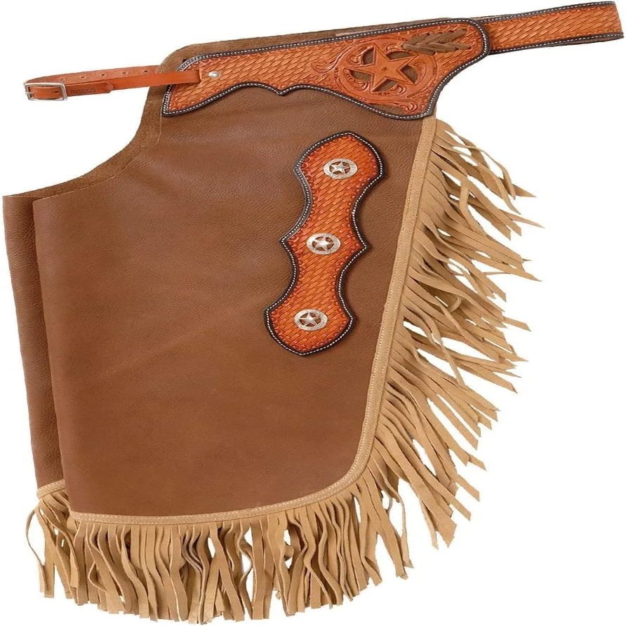 Custom Made Leather Western Chinks Chaps for Men Women Kids Unisex Handmade Basket Stamped Tooled Yoke (Kids)