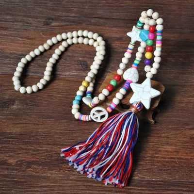 HXSCOO Wood Beads Necklace for Women Colorful Handmade Tassel Pendant Cross Butterfly Heart Stone Charm Long Necklaces (Color : Style 13)