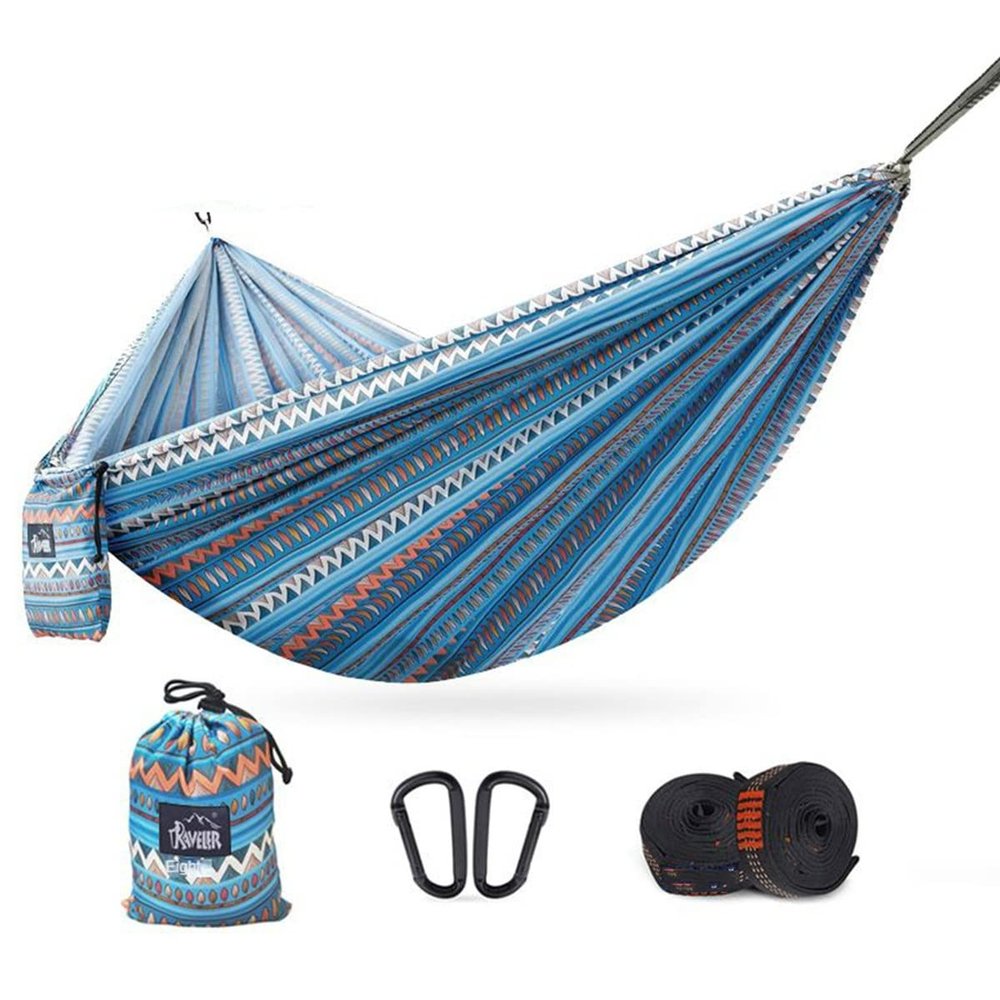 Double Camping Hammock Outdoor Swing Lightweight Travel Hammock with Storage Bag, 102 * 5.5In, Load-Bearing 440Ib, High-Strength Tension Straps, Camping Must Have,Blue
