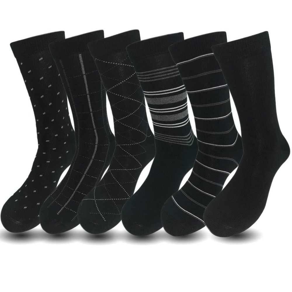 Lavencious Premium Men's Soft Viscose Fiber Crew Dress Socks for Men, Size 9-11, 6 Pairs (Black Patterns)