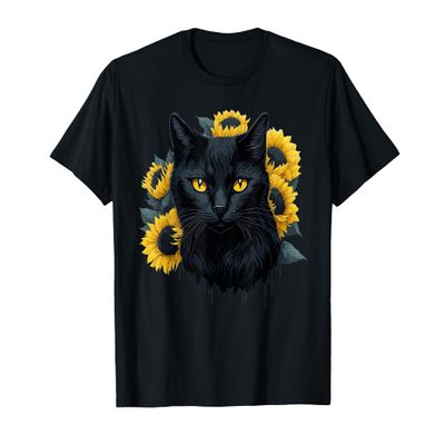 Cat Sunflower Floral Yellow Sunshine Cat Flower Positivity T-Shirt
