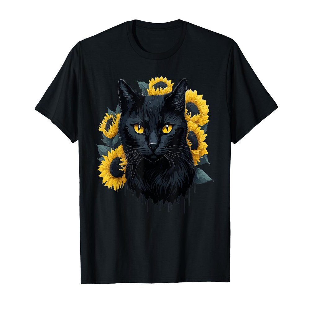 Cat Sunflower Floral Yellow Sunshine Cat Flower Positivity T-Shirt