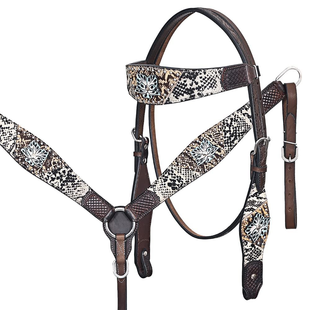 HILASON Western Horse Floral Snake Print Headstall Breast Collar Set Leather Brown | Tack for Horses