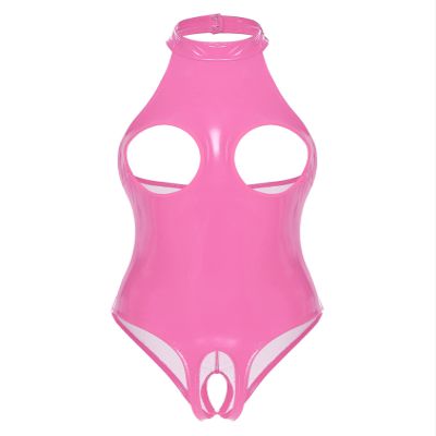 YiZYiF Women's Sexy Mock Neck Wet Look Leotard Zipper Crotch Bodysuit Catsuit Teddy Pink B Small