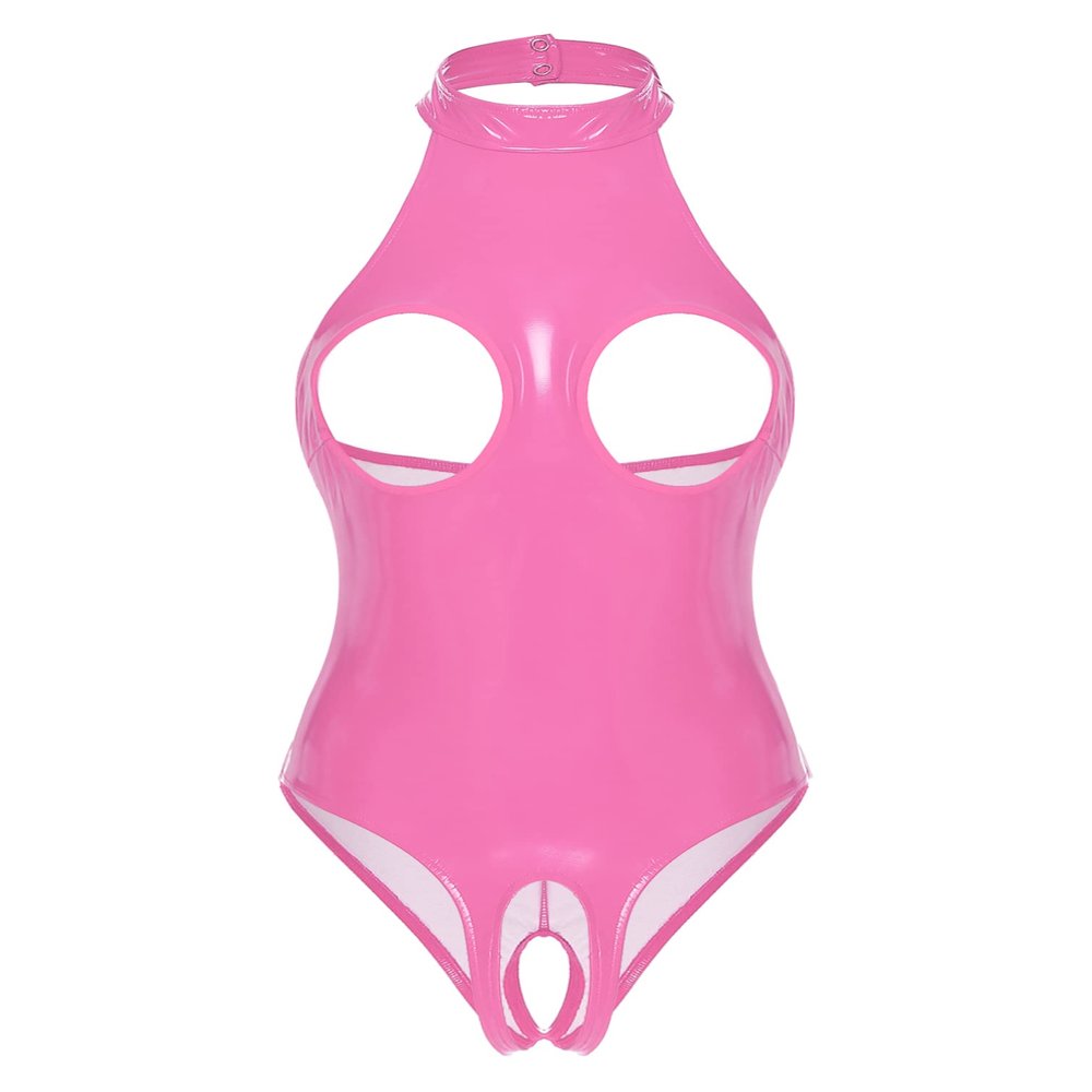 YiZYiF Women's Sexy Mock Neck Wet Look Leotard Zipper Crotch Bodysuit Catsuit Teddy Pink B Small
