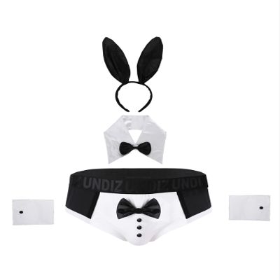 YiZYiF Men's Tuxedo Collared Role Play Costume Boxer Briefs Panties with Metal O Ring Outfits Set Rabbit XX-Large