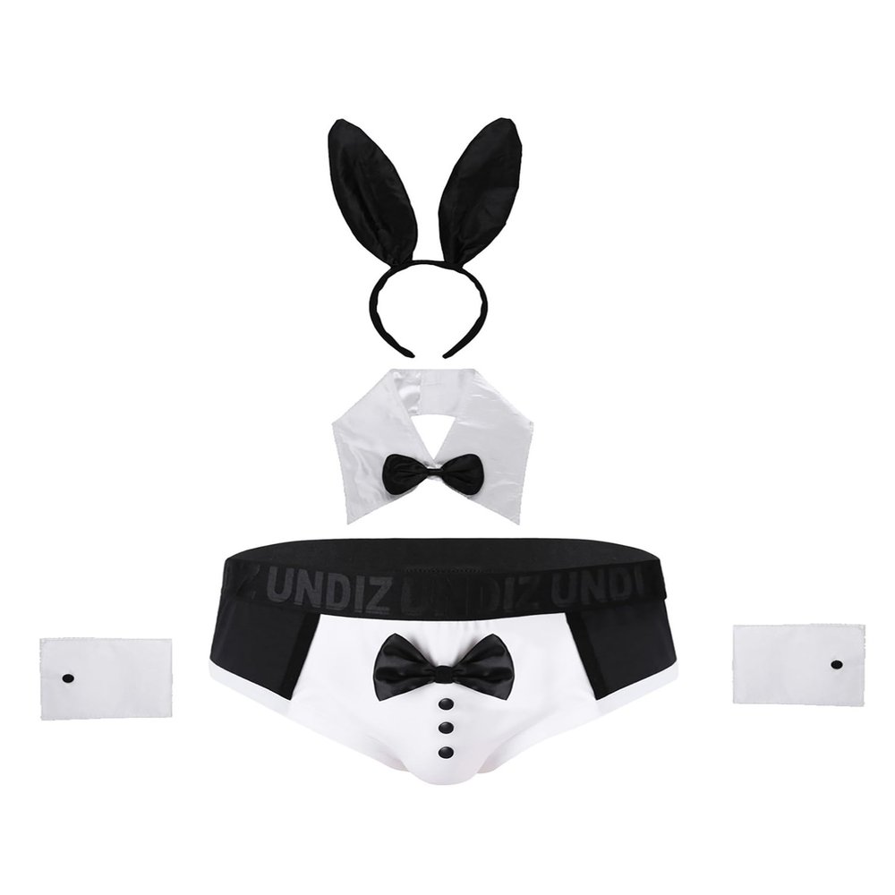 YiZYiF Men's Tuxedo Collared Role Play Costume Boxer Briefs Panties with Metal O Ring Outfits Set Rabbit XX-Large