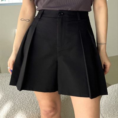 AKIOLOAS Women's Shorts Solid Fold Pleated Detail Wide Leg Shorts Women's Shorts Shorts for Women (Color : Black, Size : Small)