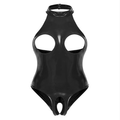 YiZYiF Women's Sexy Mock Neck Wet Look Leotard Zipper Crotch Bodysuit Catsuit Teddy Black B Small