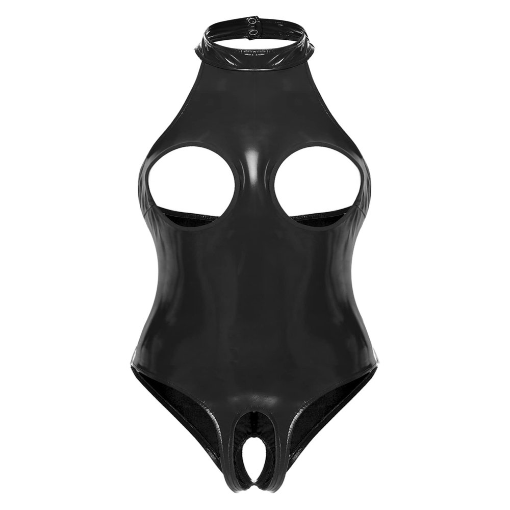 YiZYiF Women's Sexy Mock Neck Wet Look Leotard Zipper Crotch Bodysuit Catsuit Teddy Black B Small