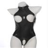 YiZYiF Women's Sexy Mock Neck Wet Look Leotard Zipper Crotch Bodysuit Catsuit Teddy Black B Small view 2