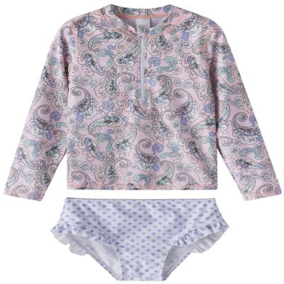 LIBREDGE Little Girls' Swim Rashguard Swimming Suit for Girls 6-7 Long Sleeve Swim Rash Guard Set Kids Swimwear Set Paisley Pattern/Light Purple 7Y