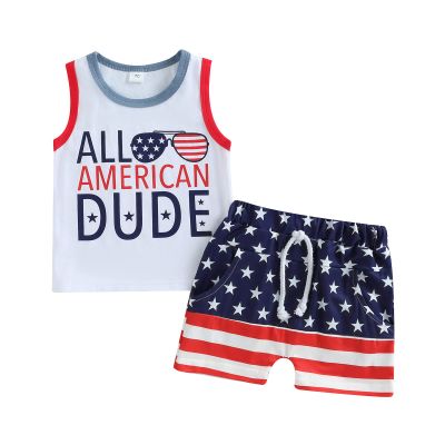 4th of July Toddler Boys Clothes Set Letter Print Tank Top Stars and Stripes Print Shorts Kids Boys Summer 2pcs (Letters & Glasses,0-6 Months)